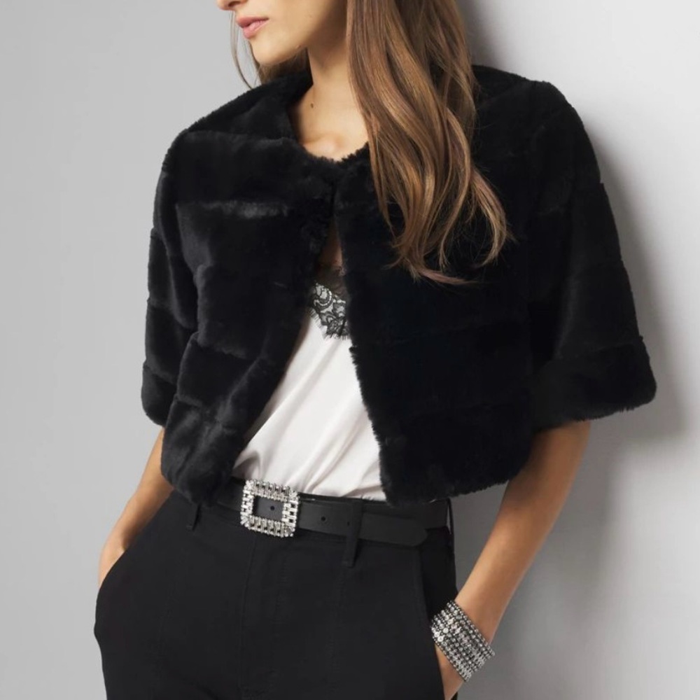 WHBM Faux Fur Bolero Jacket Women’s S Black 3/4 Sleeves Luxurious Warmth Career